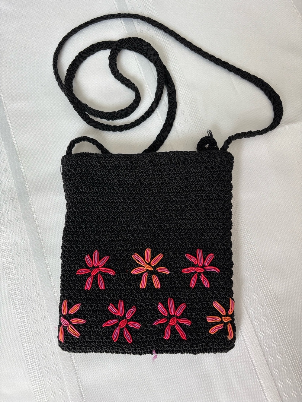 Xhilaration Black Crochet Crossbody Bag with Pink & Orange Floral Embroidery